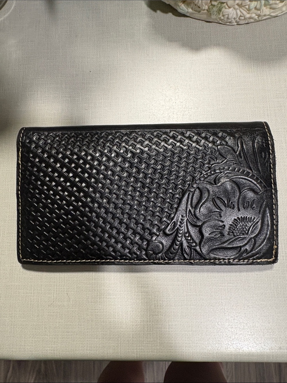Patricia Nash Black Tooled Leather Wallet with Basketweave and Floral Design